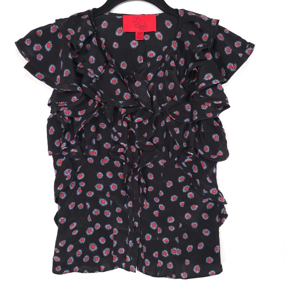 ZAC POSEN NEW‎ YORK Z Spoke Top Size 2 Ruffle 100% SILK Black Floral